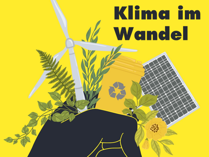 Illustration/Zeichnung: Auf gelben Hintergrund hält eine schwarze Hand einen Blumenstrauß, der aus einigen grünen Pflanzen, einem Windrad, einem Solarpanel und einer gelben Recycling-Tonne besteht.